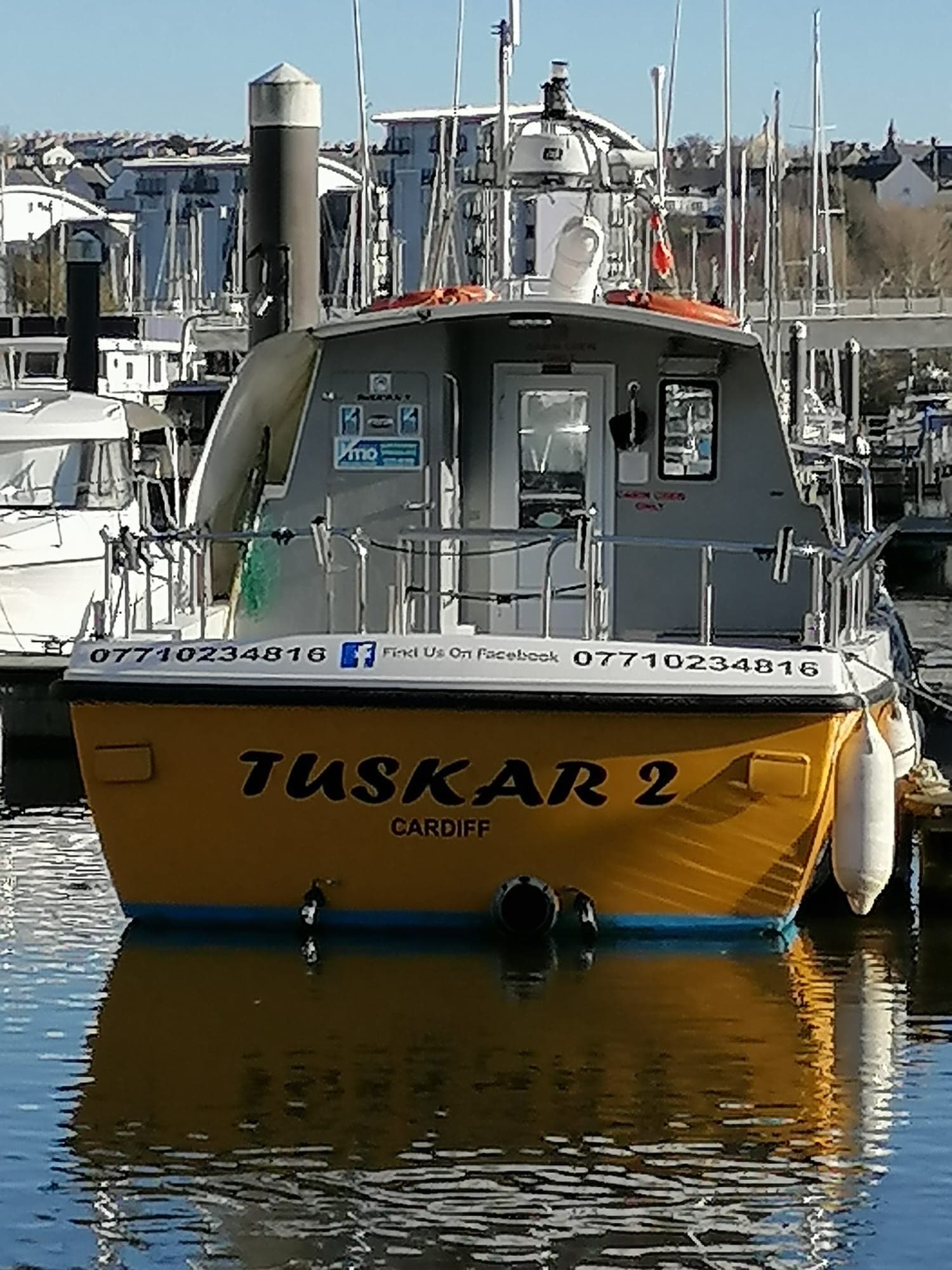 Tuskar 3 bow-on at Cardiff Marina on a sunny morning