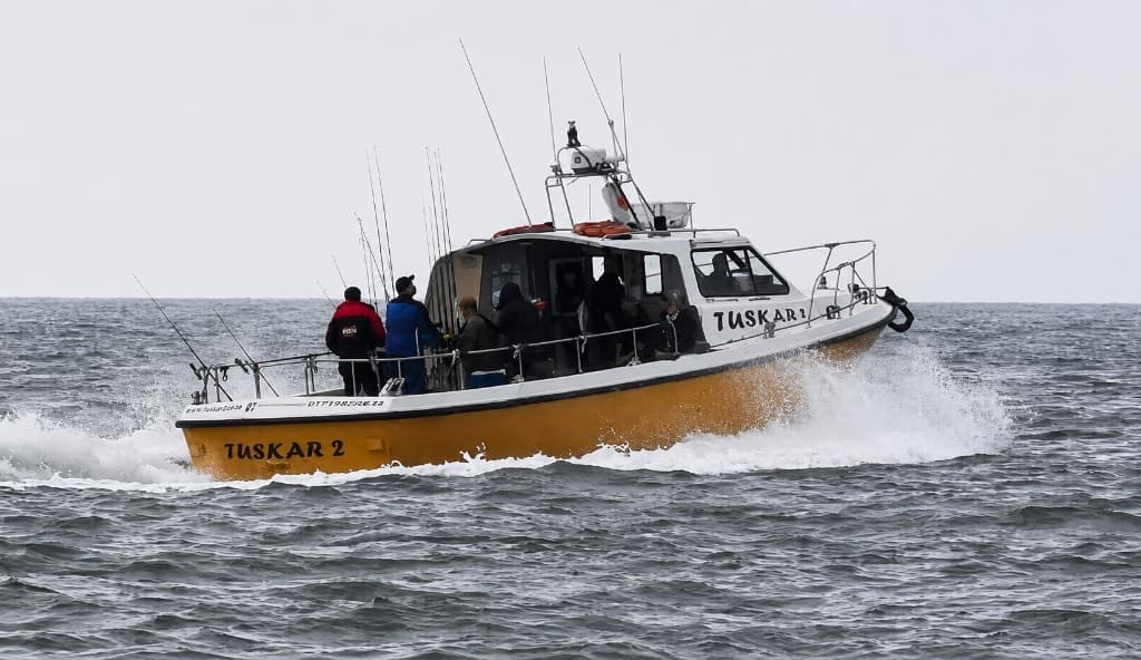 Tuskar 2 (our previous boat) underway in the Bristol Channel with anglers on deck